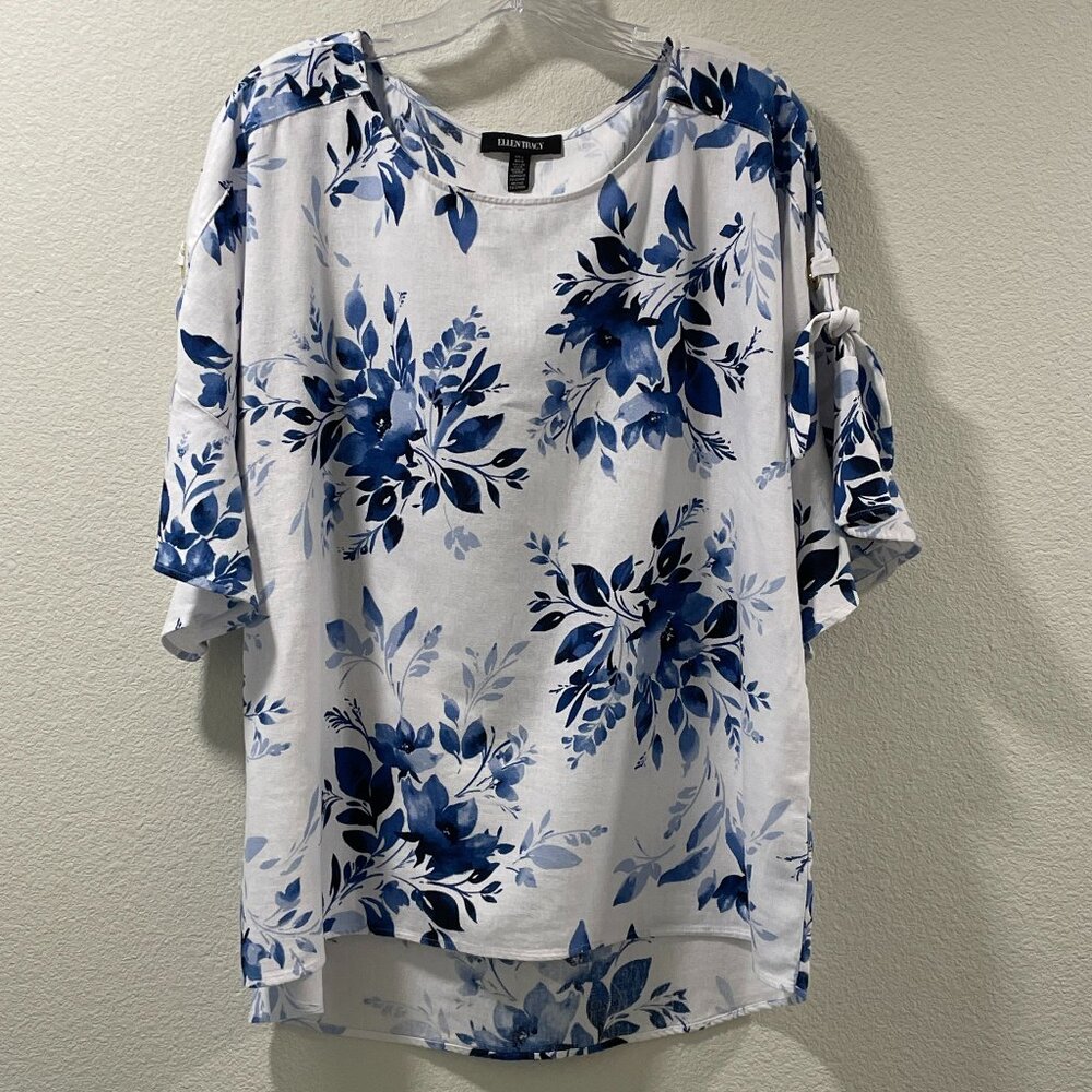 ELLEN TRACY Linen Blend Short Sleeve Grommet Trim Floral White/Royal Women L NEW